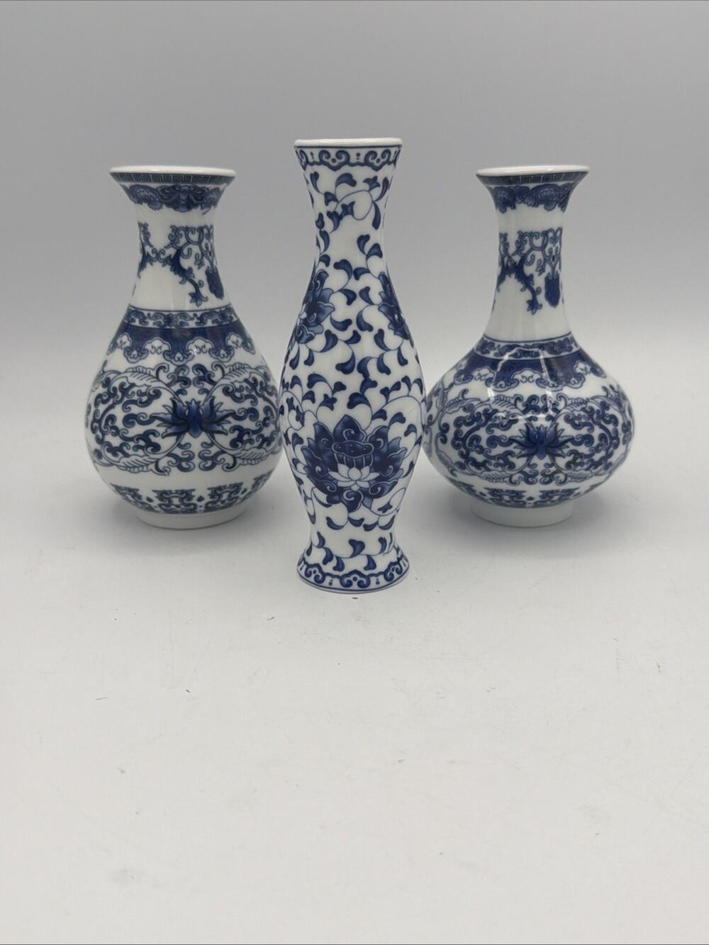 Blue and White Chinoiserie Vases 3pc Set, Mini Decorative Bud Vase Antique Style